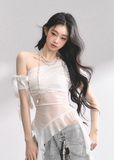 Sheer Mesh Off-Shoulder T-Shirt