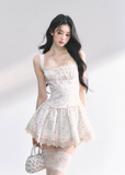 White pear French lace floral suspender dress