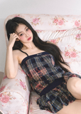 One-Shoulder Checkered Suspender T-Shirt Dress