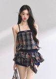 One-Shoulder Checkered Suspender T-Shirt Dress