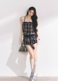 One-Shoulder Checkered Suspender T-Shirt Dress