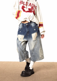 Washed Distressed 7/8 Length Loose Jeans