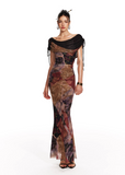 Fishtail printed mesh long dress