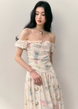 Letter Floral One-Shoulder Pleated Waist Dress