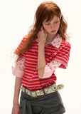 レッドストライプフェイクツーピースポロTシャツ