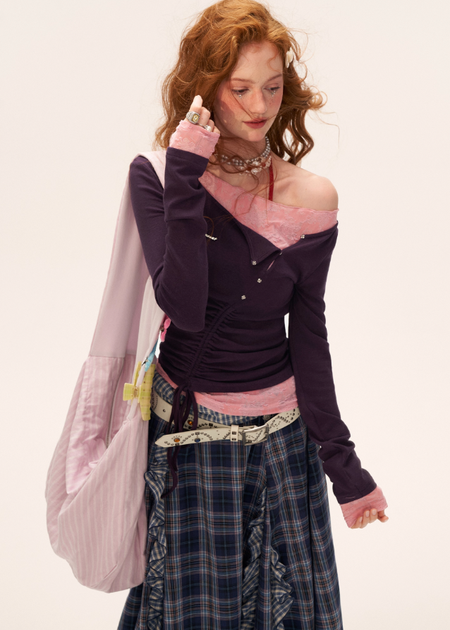 one shoulder lace top, lace shirring long sleeve shirt women, slim fit fall top 2025, asymmetric lace tee womens, street femme fashion top, korean slim inner top, fall layering shirt women, elegant lace one shoulder shirt, nowa tokyo womens fashion
