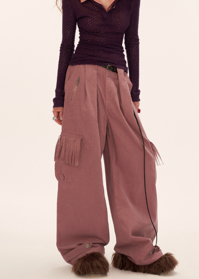 fringe pocket corduroy pants, retro corduroy trousers women, loose straight fall pants, american vintage slacks women, fw2025 streetwear pants, wide leg retro cord pants, korean retro fashion women, casual fringe pocket trousers, nowa tokyo vintage street style
