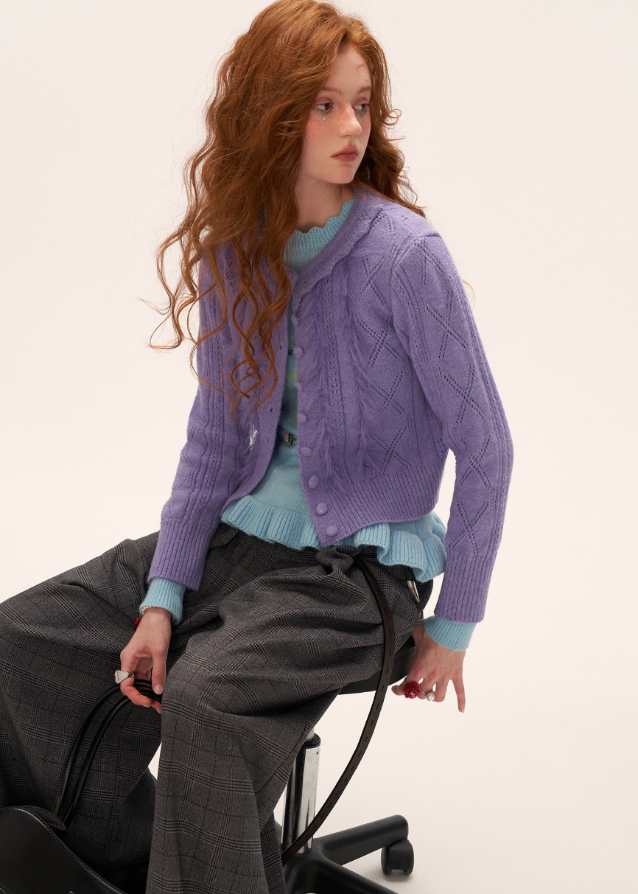 ruffle neck knit cardigan, hollow knit sweater women, fall 2025 knit cardigan, gentle feminine knitwear, korean soft street fashion, long sleeve ruffle sweater, romantic fall cardigan women, casual elegant knit jacket, nowa tokyo feminine knit top
