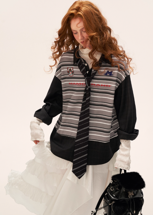 vintage patchwork striped polo, retro long sleeve polo women, loose fall lapel top 2025, striped patchwork shirt female, korean street polo top, casual retro long sleeve t shirt, autumn vintage stripe top women, relaxed fit polo shirt outfit, nowa tokyo street fashion
