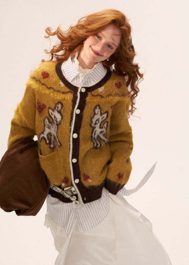 butterfly fawn cardigan, cute animal embroidery sweater, kawaii knit cardigan women, fairycore cardigan aesthetic, y2k cute knit sweater, fall 2025 cute cardigan, korean soft street knitwear, embroidered animal cardigan outfit, nowa tokyo kawaii fashion
