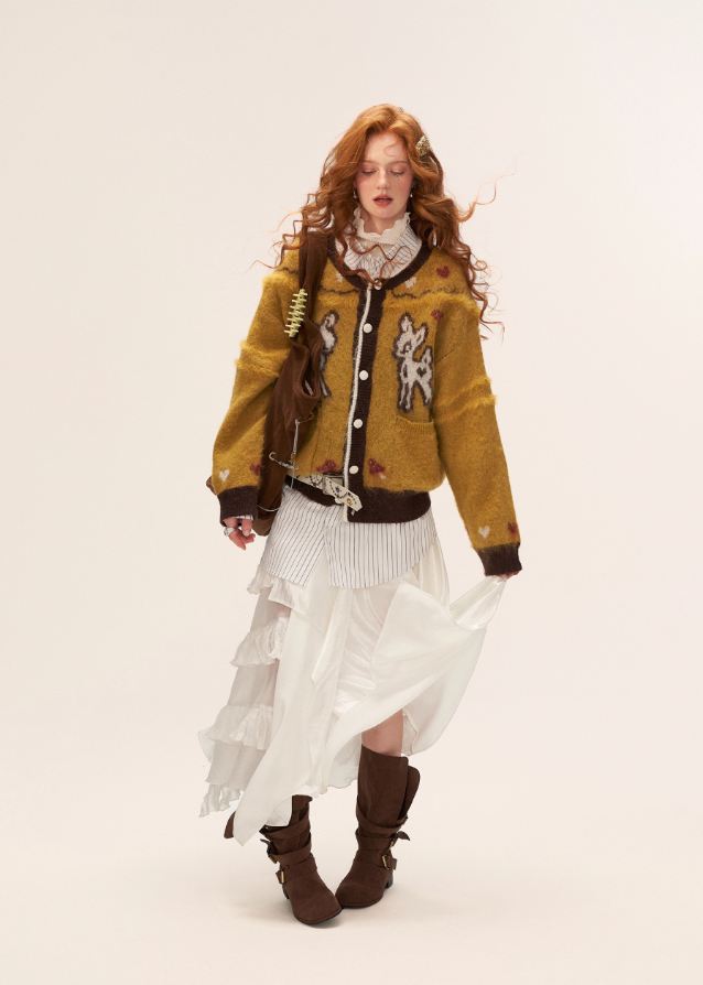 butterfly fawn cardigan, cute animal embroidery sweater, kawaii knit cardigan women, fairycore cardigan aesthetic, y2k cute knit sweater, fall 2025 cute cardigan, korean soft street knitwear, embroidered animal cardigan outfit, nowa tokyo kawaii fashion
