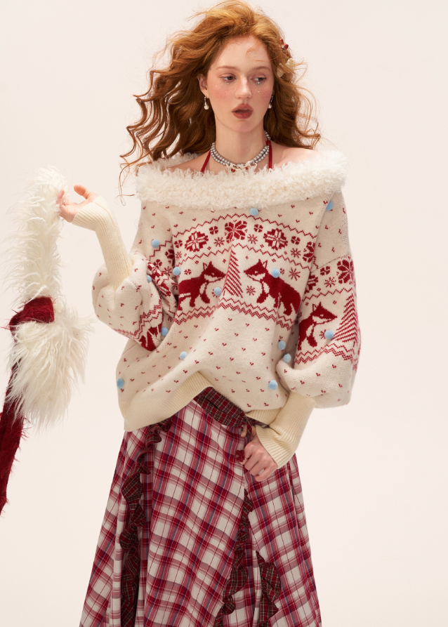 fox fair isle sweater women, v neck winter knit top, fair isle fox pattern knit, cozy lazy fit sweater women, korean winter knit fashion, fall winter 2025 sweater trend, nordic pattern fox pullover, cute warm knitwear outfit women, nowa tokyo cozy street style
