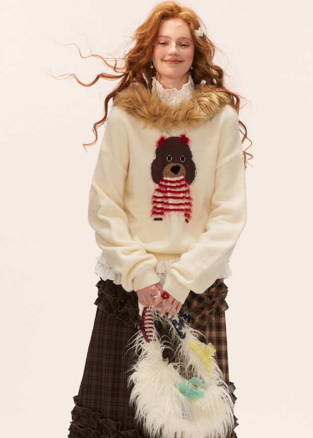cute dog sweater, fur collar hoodie, winter knit jacket, women loose design top, fluffy hooded sweater, casual street fashion, fw25 collection, cozy fur knit, korean streetwear, tokyo winter outfit
