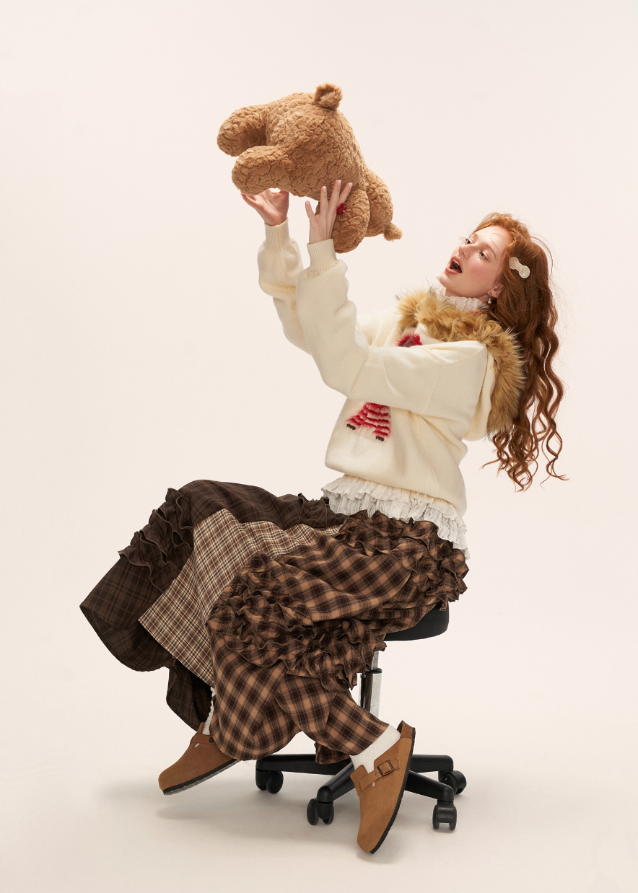 brown plaid skirt, layered midi skirt, patchwork check skirt, ruffle plaid skirt, autumn winter outfit women, mocha mid length skirt, fw25 collection, street boutique fashion, korean plaid fashion, tokyo style skirt
