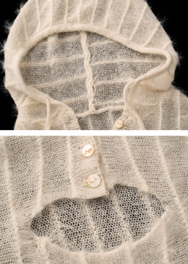 mohair hooded sweater women, white striped knit hoodie slim fit, fall winter 2025 knit top, soft mohair pullover women, korean winter knit fashion, slim cozy hoodie outfit, elegant white sweater women, spice girl knit top street style, nowa tokyo soft street knitwear
