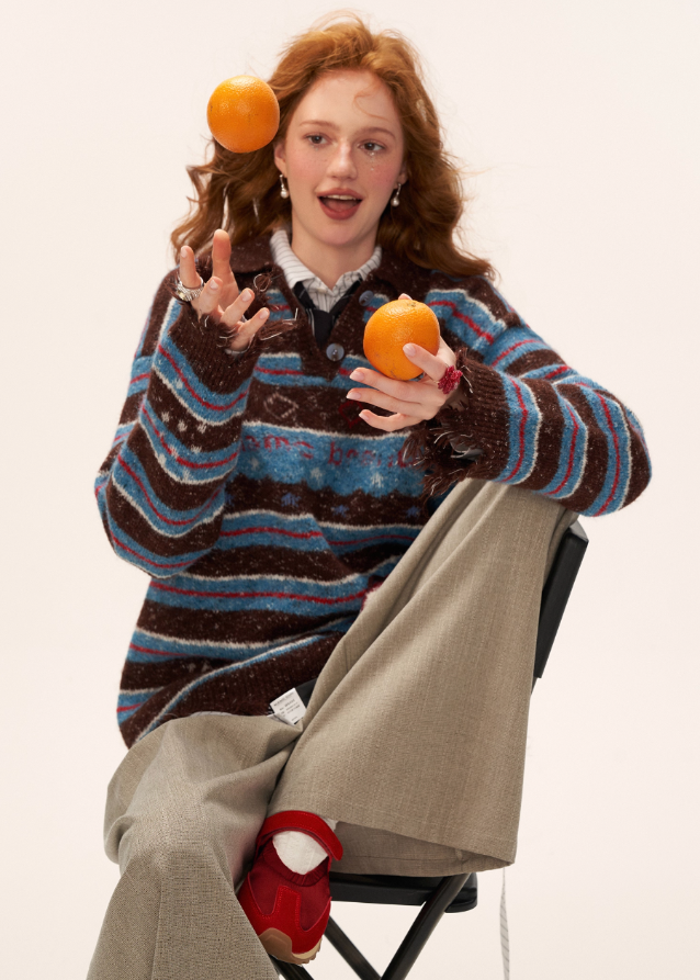 star stripe polo sweater women, sporty polo knit top, fall winter 2025 knitwear women, varsity style star knit, lazy street polo sweater, korean retro sports knit, striped star collar sweater, unique fashion knit top women, nowa tokyo sporty street style
