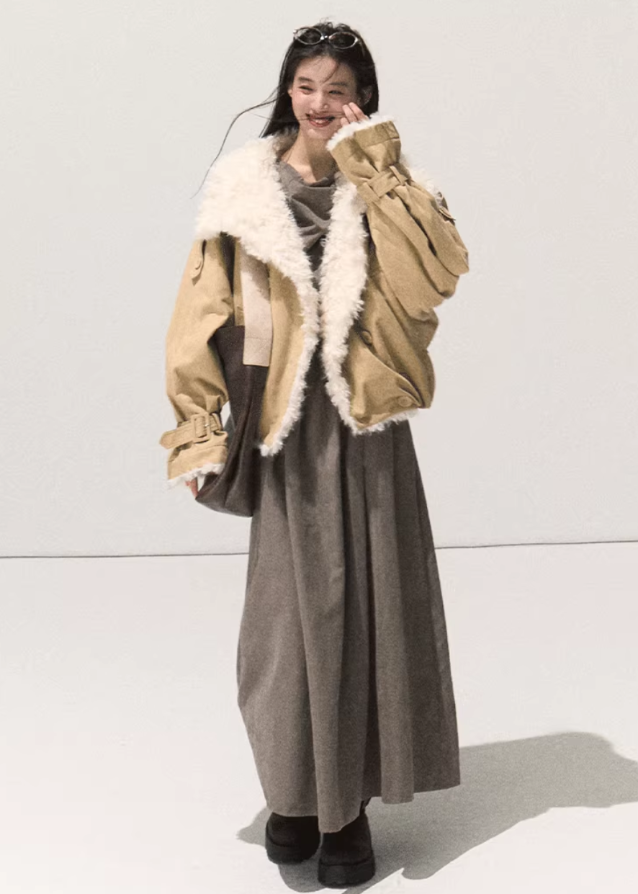 lamb wool leather jacket women, oversized shearling short coat, winter thick lapel jacket, faux shearling leather outerwear women, streetcore winter jacket 2025, osmanthus lamb wool coat, black short leather jacket women, korean winter fashion jacket, nowa tokyo winter outerwear
