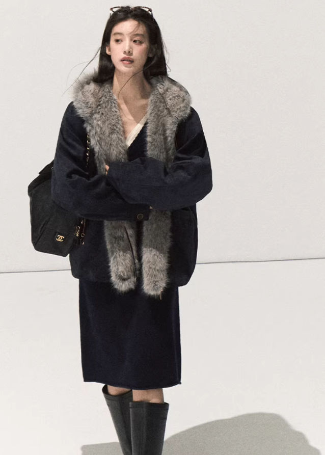 suede fur jacket women, eco friendly faux fur coat, winter 2025 suede outerwear, thick warm fur collar jacket, korean street winter coat, vintage suede shearling jacket, soft suede faux fur jacket women, oversized cozy winter outerwear, nowa tokyo high end street fashion
