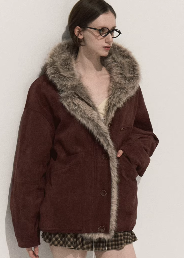 suede fur jacket women, eco friendly faux fur coat, winter 2025 suede outerwear, thick warm fur collar jacket, korean street winter coat, vintage suede shearling jacket, soft suede faux fur jacket women, oversized cozy winter outerwear, nowa tokyo high end street fashion
