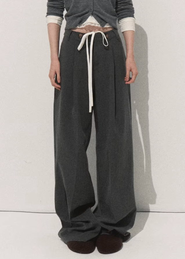 OAKMOO wide leg pants, drape slacks women, loose suit trousers, autumn winter high waist pants, minimalist tailored pants, Korean fashion wide leg trousers, soft drape slacks, versatile office casual pants, OAKMOO AW collection, modern loose fit pants