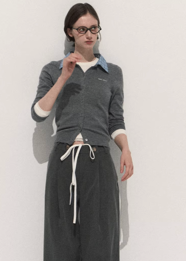 OAKMOO preppy knit top, wool layered sweater women, fake two piece long sleeve top, contrast collar knit blouse, autumn winter wool top, Korean fashion academia style, preppy girl outfit, soft slim fit knitwear, modern minimalist sweater, OAKMOO AW collection