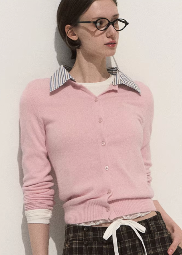 OAKMOO preppy knit top, wool layered sweater women, fake two piece long sleeve top, contrast collar knit blouse, autumn winter wool top, Korean fashion academia style, preppy girl outfit, soft slim fit knitwear, modern minimalist sweater, OAKMOO AW collection
