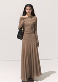 korean off shoulder long dress, minimalist chiffon long dress women, sheer mesh off shoulder gown, korean modern elegant long sleeve dress, soft beige off shoulder slim dress, seoul feminine sheer outfit, korean street fashion evening dress, high waist slim fit long dress, kfashion autumn soft mesh dress, korean aesthetic romantic gown, off shoulder elegant maxi dress, korean poetic minimalism fashion, flowy long dress seoul style, feminine waist wrap dress, neutral tone chiffon gown women