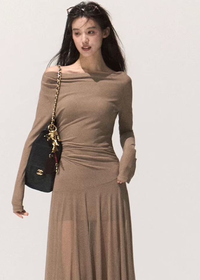 korean off shoulder long dress, minimalist chiffon long dress women, sheer mesh off shoulder gown, korean modern elegant long sleeve dress, soft beige off shoulder slim dress, seoul feminine sheer outfit, korean street fashion evening dress, high waist slim fit long dress, kfashion autumn soft mesh dress, korean aesthetic romantic gown, off shoulder elegant maxi dress, korean poetic minimalism fashion, flowy long dress seoul style, feminine waist wrap dress, neutral tone chiffon gown women