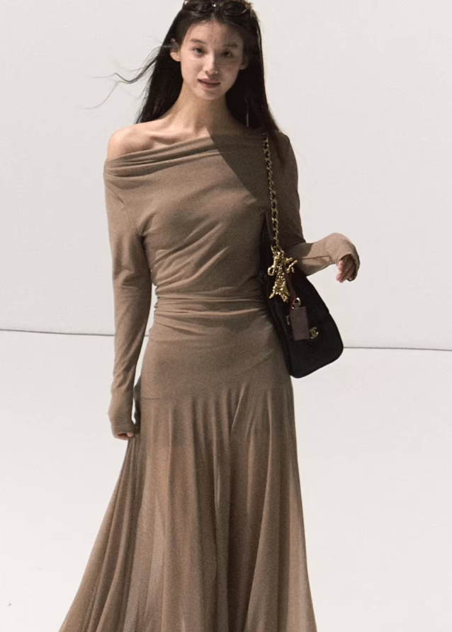 korean off shoulder long dress, minimalist chiffon long dress women, sheer mesh off shoulder gown, korean modern elegant long sleeve dress, soft beige off shoulder slim dress, seoul feminine sheer outfit, korean street fashion evening dress, high waist slim fit long dress, kfashion autumn soft mesh dress, korean aesthetic romantic gown, off shoulder elegant maxi dress, korean poetic minimalism fashion, flowy long dress seoul style, feminine waist wrap dress, neutral tone chiffon gown women