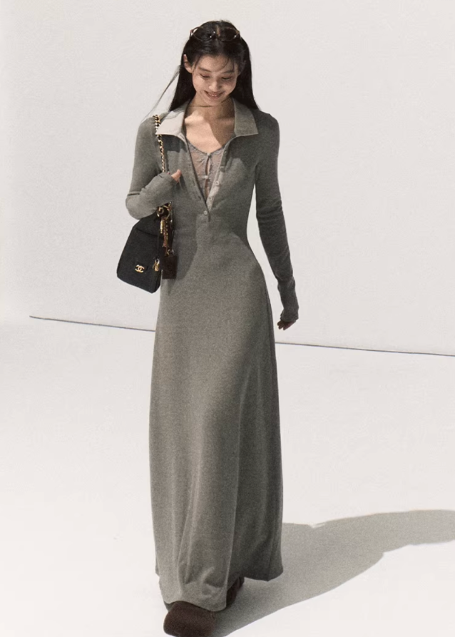 korean knit long dress women, polo collar slim knit dress, minimalist korean long sleeve dress, fake two piece knit dress, seoul fashion ribbed knit dress, korean fall long dress outfit, elegant collared knit maxi dress, korean feminine waist long dress, chic minimalist knitwear dress, korean autumn fashion outfit, casual elegant polo knit dress, modern korean slim dress, soft texture knit long sleeve gown, korean two piece illusion dress, ribbed slim waist knit dress women