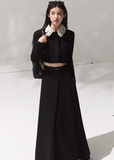 OAKMOO tweed two piece set, crochet collar suit women, wool handmade set outfit, vintage long skirt set, elegant autumn winter suit, chic Korean fashion outfit, tweed crop top set, OAKMOO AW collection, classic black skirt suit, minimalist luxury fashion