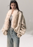 OAKMOO wool fur collar jacket, cropped shearling coat women, winter warm jacket, oversized faux fur coat, Korean fashion outerwear, cozy chic wool jacket, OAKMOO AW collection, short fleece coat women, stylish winter bomber, neutral tone jacket