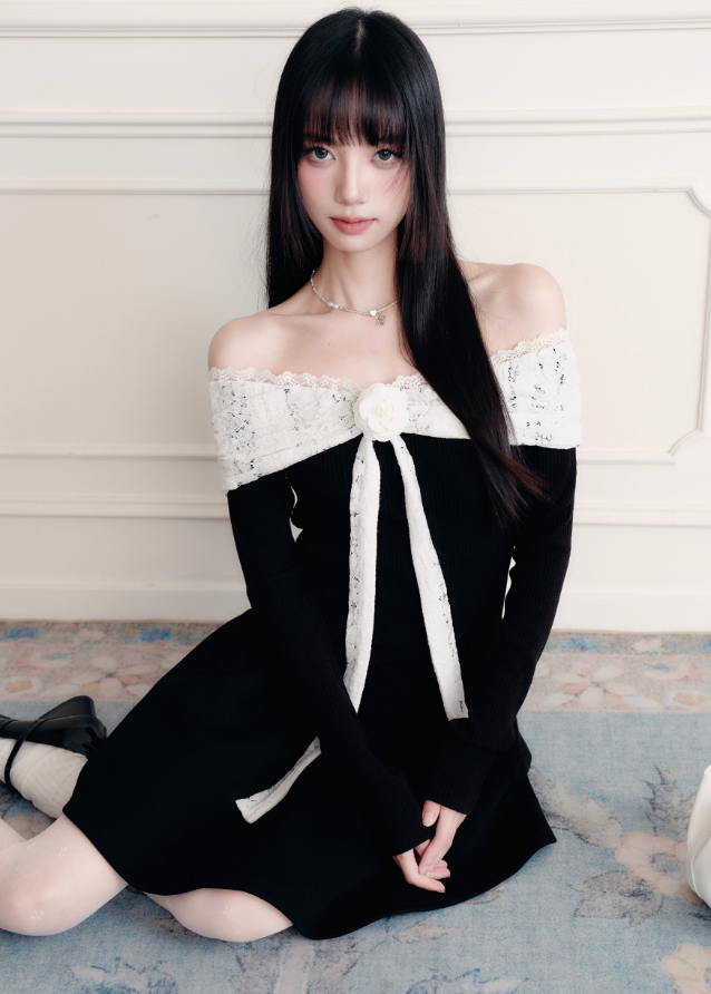 A declaration in silk and lace — the Confession Overture Dress embodies Fragileheart’s vision of refined rebellion. The sculpted off-shoulder neckline wraps delicately around the collarbone, accented by a lace ribbon rose that drapes like a whispered vow. Its cinched waist and flowing skirt create a timeless silhouette of grace, evoking the poise of a modern princess with quiet power.