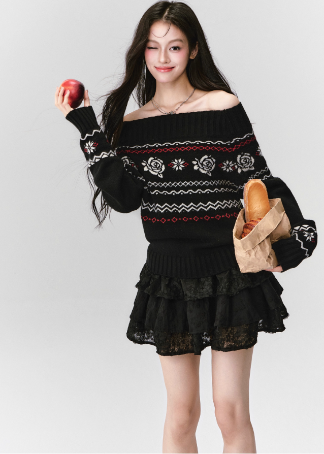 Fragileheart knit sweater, off-shoulder Fair Isle top, rose jacquard knitwear, luxury Korean fashion, Parisian romantic sweater, quiet luxury winter style, pastel noir aesthetic, elegant black knit top, K-fashion 2025, feminine winter outfit, cozy off-shoulder pullover, soft romantic fashion, vintage rose sweater, delicate feminine knit
