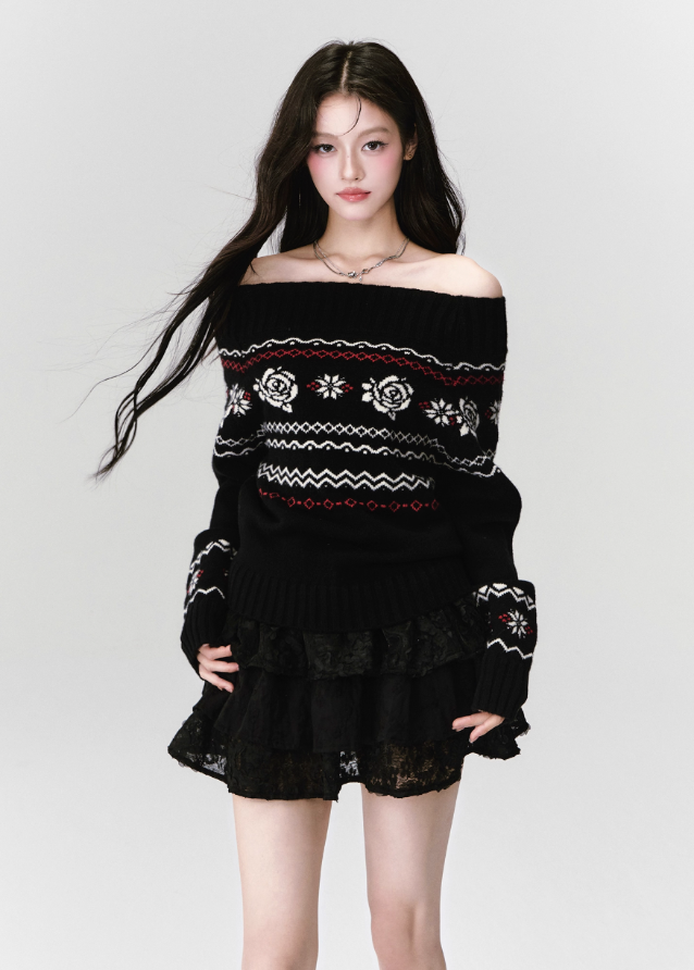 Fragileheart knit sweater, off-shoulder Fair Isle top, rose jacquard knitwear, luxury Korean fashion, Parisian romantic sweater, quiet luxury winter style, pastel noir aesthetic, elegant black knit top, K-fashion 2025, feminine winter outfit, cozy off-shoulder pullover, soft romantic fashion, vintage rose sweater, delicate feminine knit

