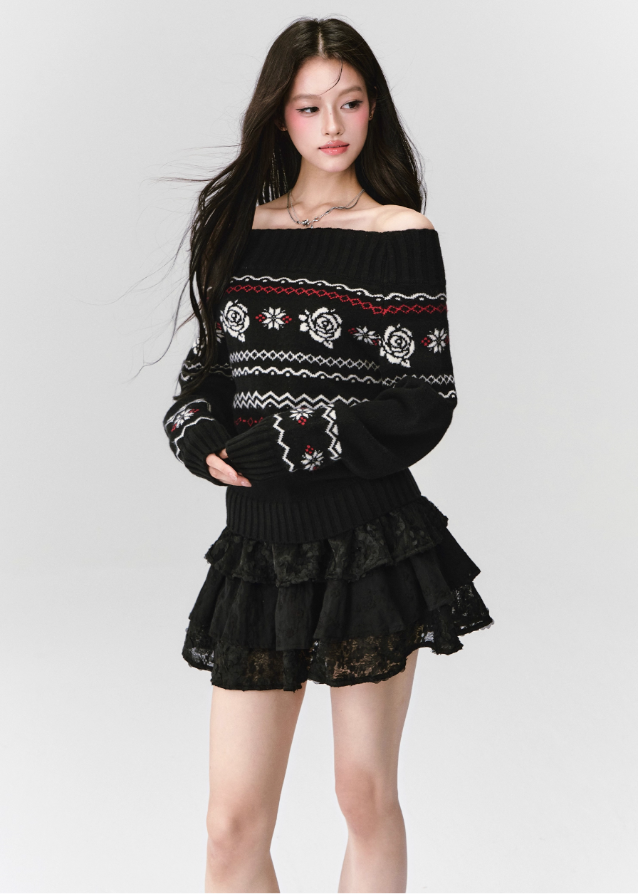 Fragileheart knit sweater, off-shoulder Fair Isle top, rose jacquard knitwear, luxury Korean fashion, Parisian romantic sweater, quiet luxury winter style, pastel noir aesthetic, elegant black knit top, K-fashion 2025, feminine winter outfit, cozy off-shoulder pullover, soft romantic fashion, vintage rose sweater, delicate feminine knit
