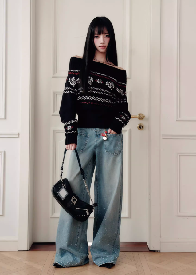 Fragileheart knit sweater, off-shoulder Fair Isle top, rose jacquard knitwear, luxury Korean fashion, Parisian romantic sweater, quiet luxury winter style, pastel noir aesthetic, elegant black knit top, K-fashion 2025, feminine winter outfit, cozy off-shoulder pullover, soft romantic fashion, vintage rose sweater, delicate feminine knit
