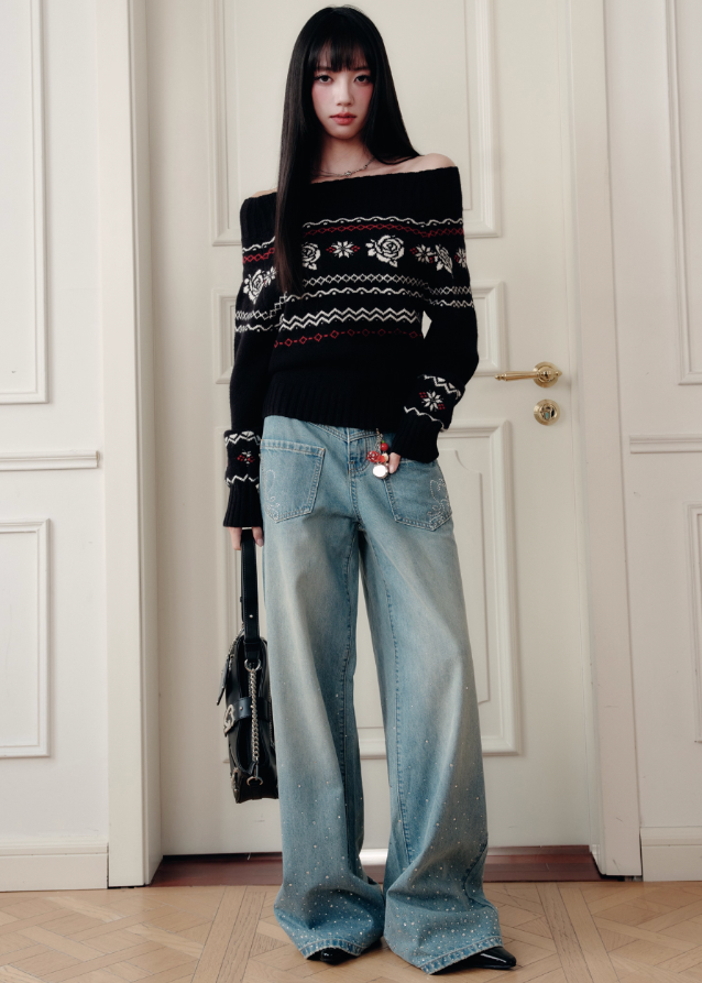 Fragileheart knit sweater, off-shoulder Fair Isle top, rose jacquard knitwear, luxury Korean fashion, Parisian romantic sweater, quiet luxury winter style, pastel noir aesthetic, elegant black knit top, K-fashion 2025, feminine winter outfit, cozy off-shoulder pullover, soft romantic fashion, vintage rose sweater, delicate feminine knit
