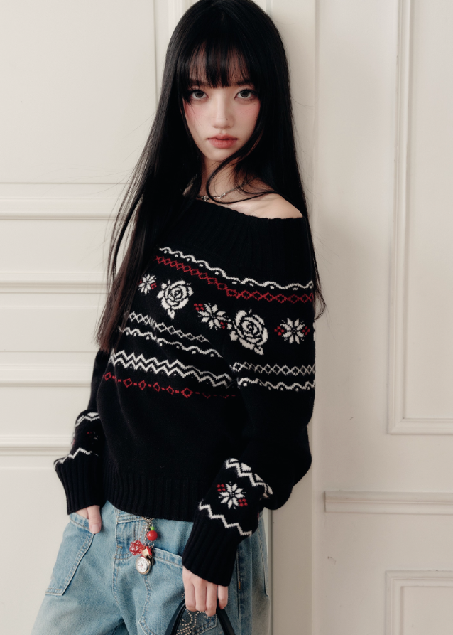 Fragileheart knit sweater, off-shoulder Fair Isle top, rose jacquard knitwear, luxury Korean fashion, Parisian romantic sweater, quiet luxury winter style, pastel noir aesthetic, elegant black knit top, K-fashion 2025, feminine winter outfit, cozy off-shoulder pullover, soft romantic fashion, vintage rose sweater, delicate feminine knit

