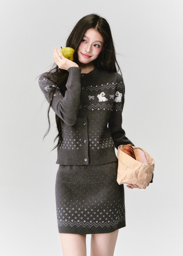 Fragileheart knit set, Fair Isle sweater outfit, winter Korean fashion, bunny pattern cardigan, luxury feminine knitwear, quiet luxury winter style, pastel noir aesthetic, elegant two-piece knit set, cozy winter outfit, K-fashion 2025, cute chic knit ensemble, rabbit motif sweater, romantic knit skirt look, soft feminine fashion
