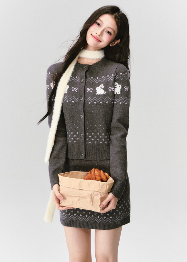 Fragileheart knit set, Fair Isle sweater outfit, winter Korean fashion, bunny pattern cardigan, luxury feminine knitwear, quiet luxury winter style, pastel noir aesthetic, elegant two-piece knit set, cozy winter outfit, K-fashion 2025, cute chic knit ensemble, rabbit motif sweater, romantic knit skirt look, soft feminine fashion
