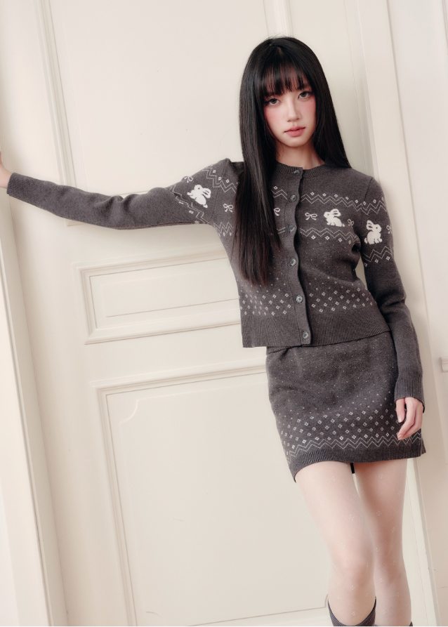 Fragileheart knit set, Fair Isle sweater outfit, winter Korean fashion, bunny pattern cardigan, luxury feminine knitwear, quiet luxury winter style, pastel noir aesthetic, elegant two-piece knit set, cozy winter outfit, K-fashion 2025, cute chic knit ensemble, rabbit motif sweater, romantic knit skirt look, soft feminine fashion

