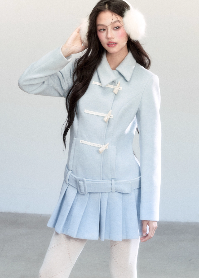 Fragileheart wool coat set, pleated skirt outfit, luxury Korean fashion, horn buckle jacket, fog blue winter coat, ivory tweed ensemble, quiet luxury womenswear, pastel noir aesthetic, elegant two-piece outerwear, K-fashion 2025, structured feminine style, sophisticated winter outfit, belted coat dress, modern romantic fashion
