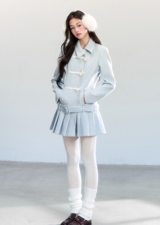 Fragileheart wool coat set, pleated skirt outfit, luxury Korean fashion, horn buckle jacket, fog blue winter coat, ivory tweed ensemble, quiet luxury womenswear, pastel noir aesthetic, elegant two-piece outerwear, K-fashion 2025, structured feminine style, sophisticated winter outfit, belted coat dress, modern romantic fashion
