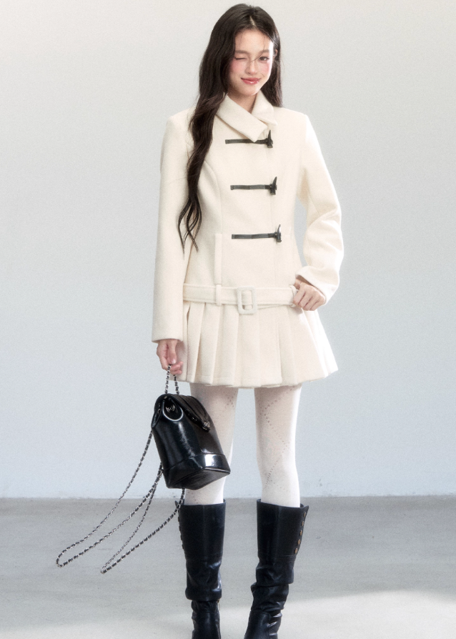 Fragileheart wool coat set, pleated skirt outfit, luxury Korean fashion, horn buckle jacket, fog blue winter coat, ivory tweed ensemble, quiet luxury womenswear, pastel noir aesthetic, elegant two-piece outerwear, K-fashion 2025, structured feminine style, sophisticated winter outfit, belted coat dress, modern romantic fashion
