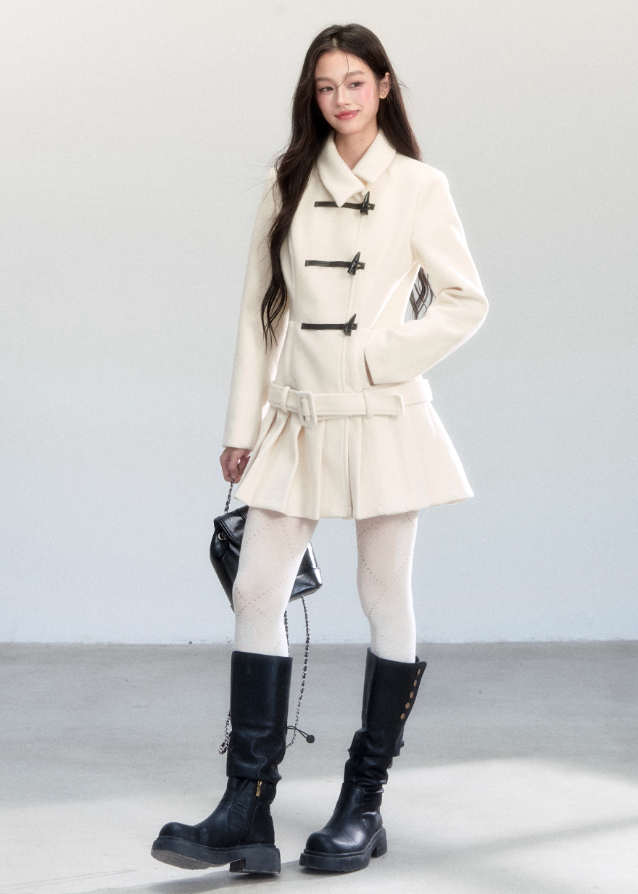 Fragileheart wool coat set, pleated skirt outfit, luxury Korean fashion, horn buckle jacket, fog blue winter coat, ivory tweed ensemble, quiet luxury womenswear, pastel noir aesthetic, elegant two-piece outerwear, K-fashion 2025, structured feminine style, sophisticated winter outfit, belted coat dress, modern romantic fashion
