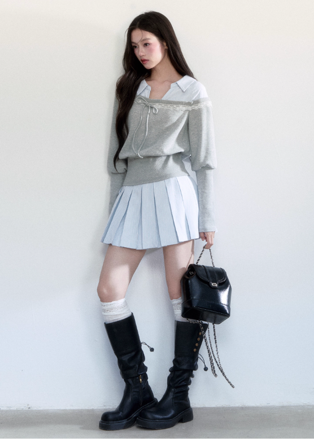 Fragileheart layered set, blue striped pleated skirt, luxury Korean fashion, preppy K-fashion outfit, faux two-piece knit top, quiet luxury womenswear, pastel noir aesthetic, elegant school style, 2025 autumn collection, modern feminine outfit, soft grey sweatshirt set, chic Korean look, academic romantic fashion, delicate layered design
