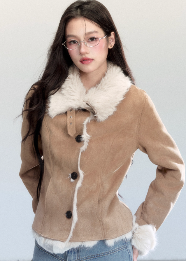 Fragileheart suede coat, faux fur jacket, winter Korean fashion, luxury feminine outerwear, plush shearling coat, quiet luxury womenswear, pastel noir aesthetic, elegant winter outfit, soft beige jacket, warm faux suede coat, K-fashion 2025, cozy luxury fashion, refined feminine look, modern winter style
