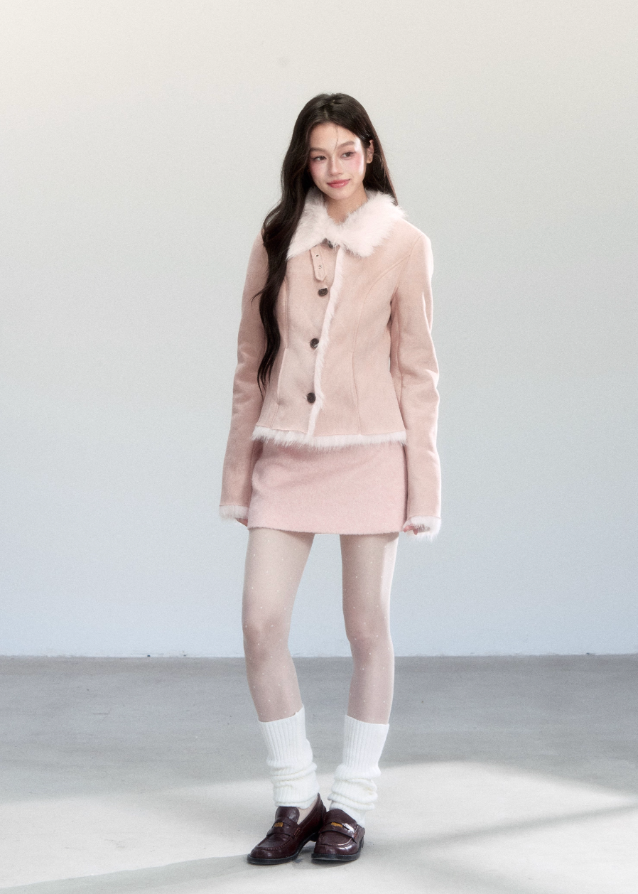 Fragileheart suede coat, faux fur jacket, winter Korean fashion, luxury feminine outerwear, plush shearling coat, quiet luxury womenswear, pastel noir aesthetic, elegant winter outfit, soft beige jacket, warm faux suede coat, K-fashion 2025, cozy luxury fashion, refined feminine look, modern winter style
