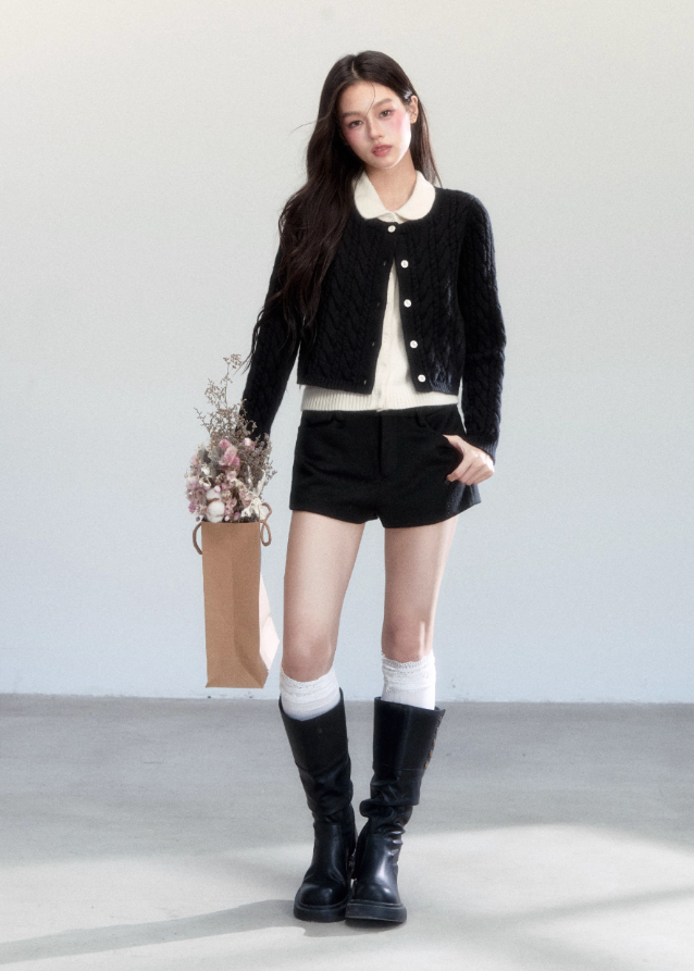 Fragileheart knit cardigan, faux two-piece sweater, doll collar knit top, luxury Korean fashion, quiet luxury womenswear, pastel noir aesthetic, elegant preppy outfit, 2025 winter K-fashion, contrast knit sweater, modern feminine knitwear, chic two-tone cardigan, sophisticated Korean look, soft autumn outfit, refined luxury fashion
